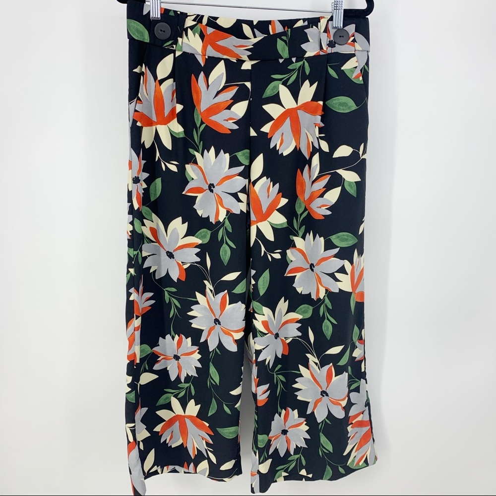 Zara Black Wide-Leg Floral Pants with Orange, Cream & Green Print